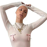 Contrast Bow Sheer Slim Long Sleeve Crop Top